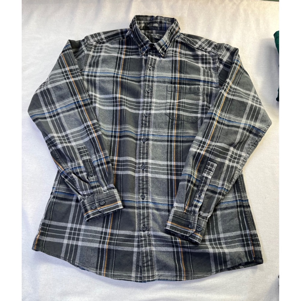 LL Bean, Eddie Bauer‎ Cotton Chamois Flannel L TALL Green Grey Cabincore Staple - Picture 5 of 14